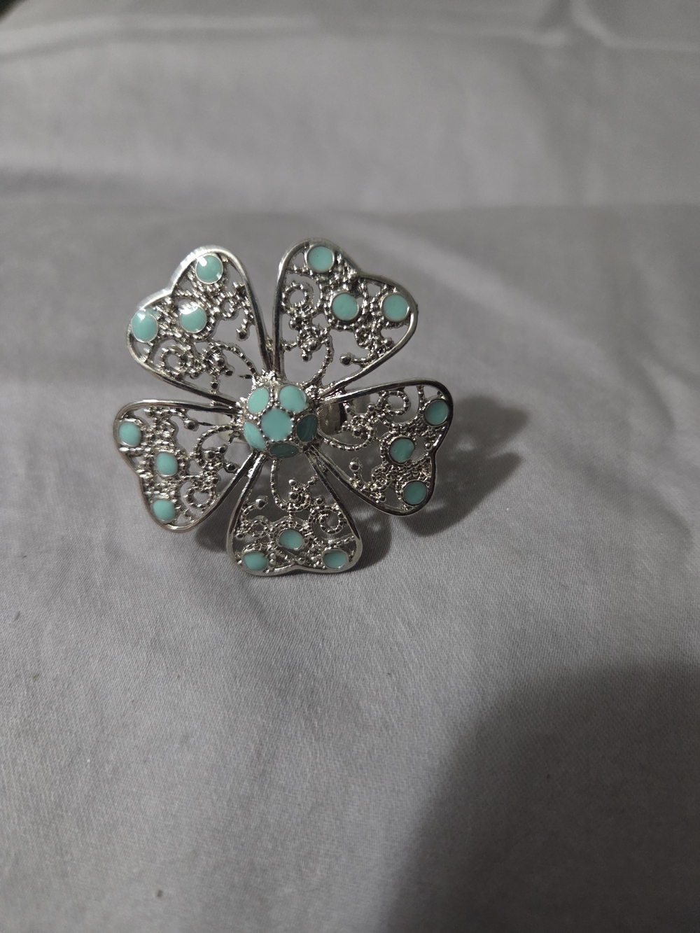 Silver Flower Ring with Mint Turquoise Accents - Women Jewelry